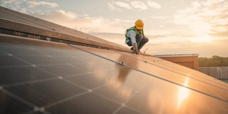 Servicetechniker, der Solarzellen auf Dach zur Wartung überprüft. (Foto: NewSaetiew (iStock))